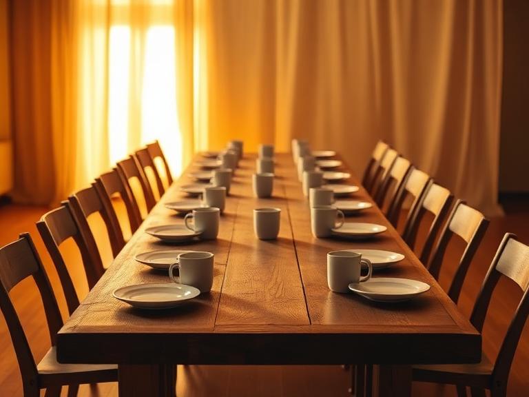 Mesa longa de madeira com pratos e cadeiras vazias iluminadas por luz quente