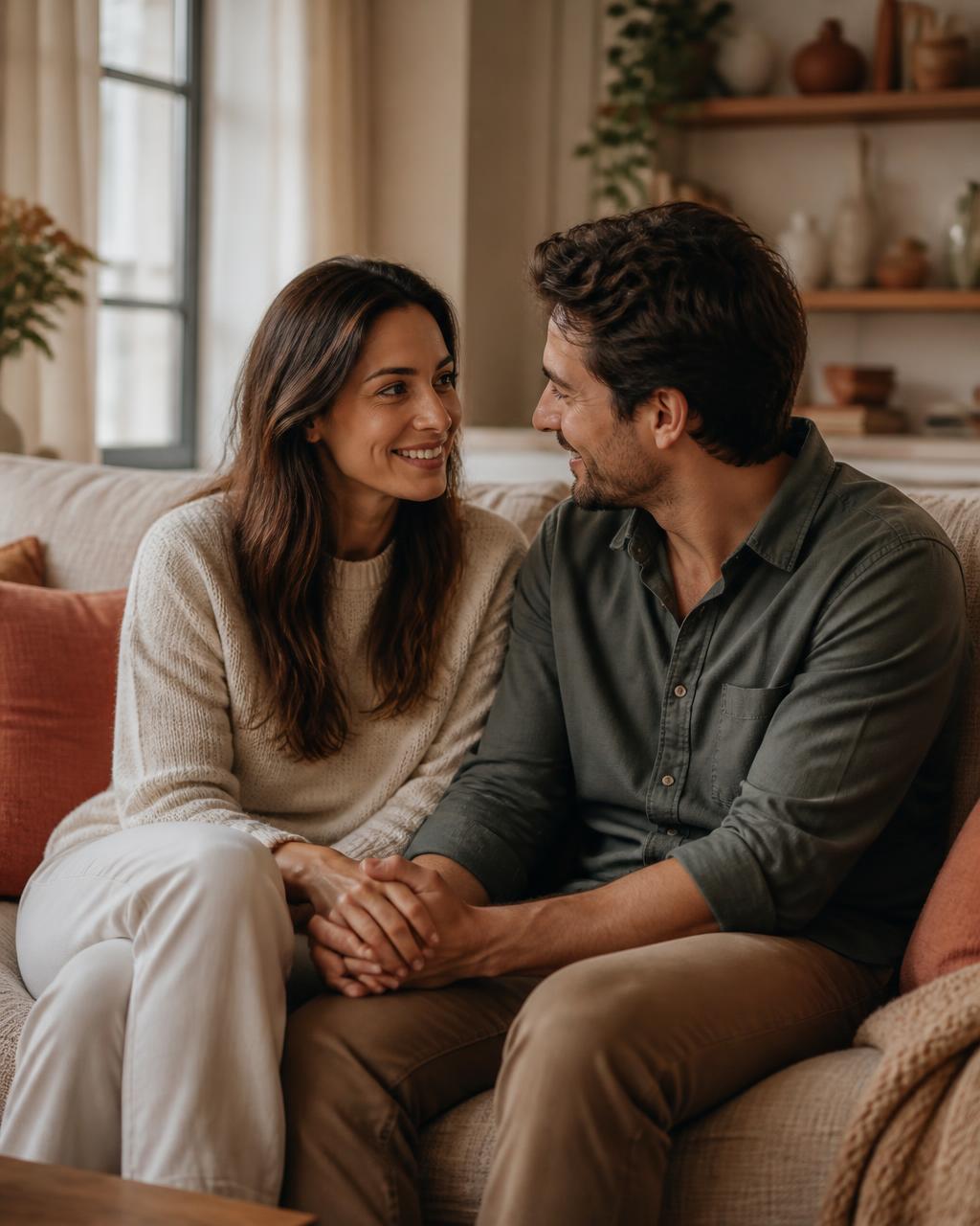 Casal sentado no sofá, de mãos dadas, conversando com afeto
