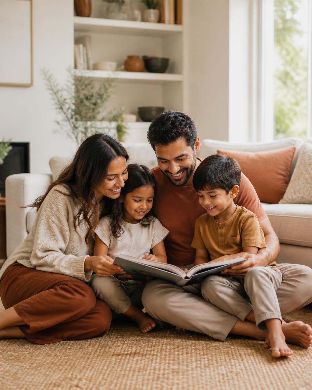 Família reunida no chão da sala lendo um livro juntos