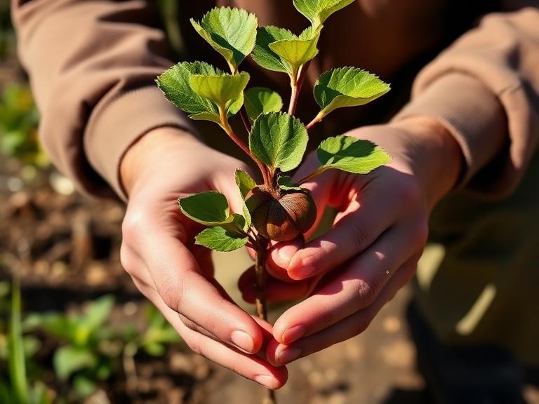 Mãos cuidando de uma pequena figueira com brotos verdes