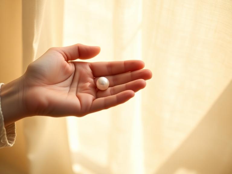 Mão segurando uma pérola luminosa contra luz suave