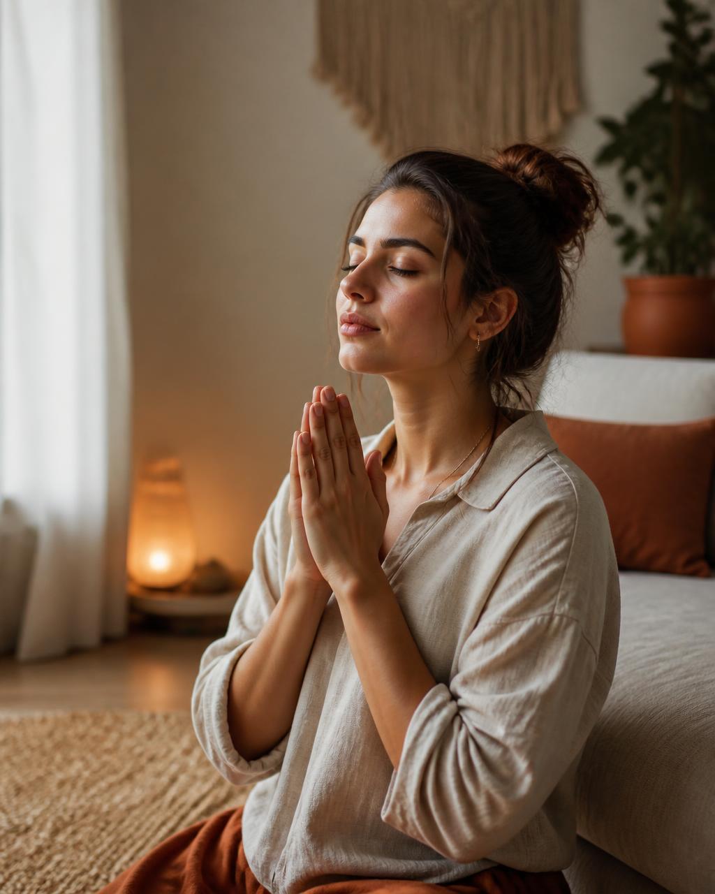 Mulher em oração, com as mãos juntas e olhos fechados, em ambiente de luz natural