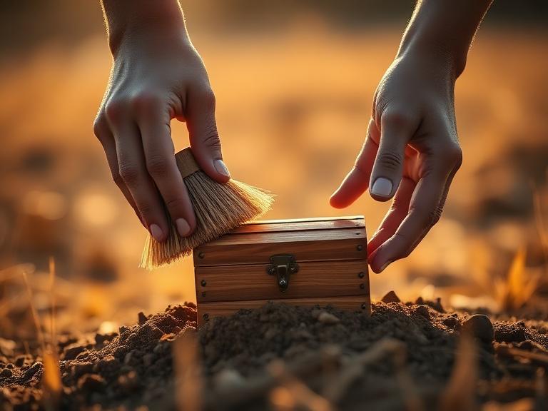 Mãos limpando terra de um pequeno baú de madeira em um campo